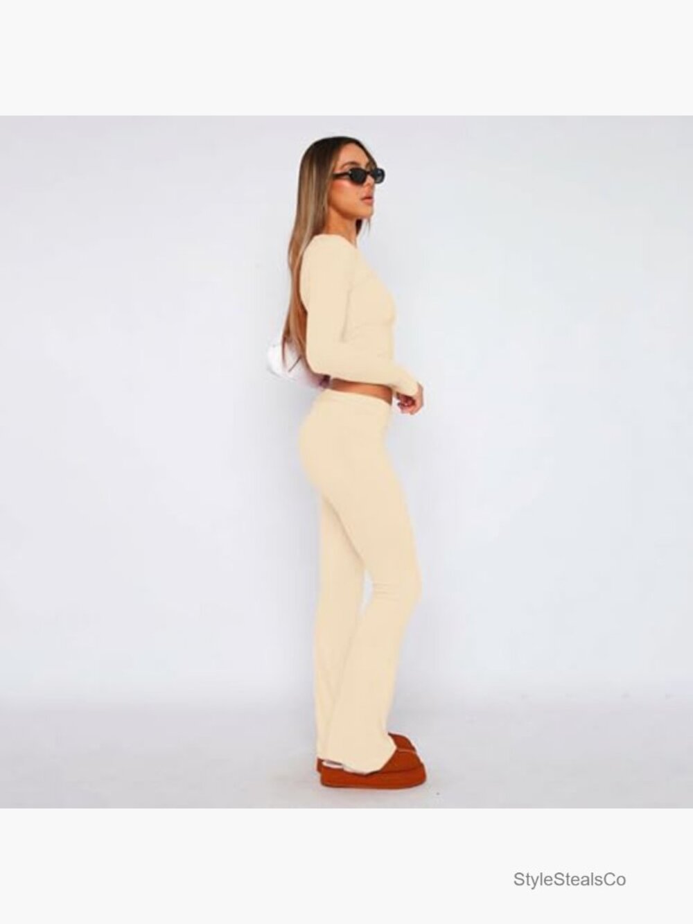 2 Piece Lounge Outfits Slim Long Sleeve Top High Waist Foldover Flare Leggings - Picture 3 of 7
